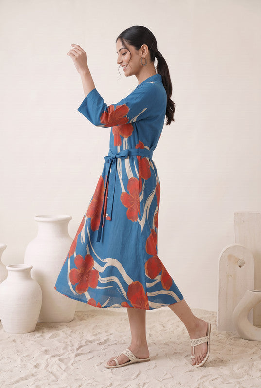 Azure Blue Floral Printed Cotton Flex Dress