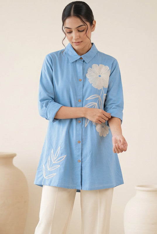 Powder Blue Cotton Flex Floral Embroidered Shirt Tunic