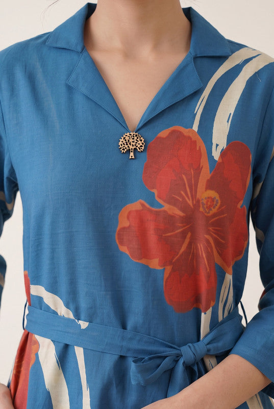 Azure Blue Floral Printed Cotton Flex Dress