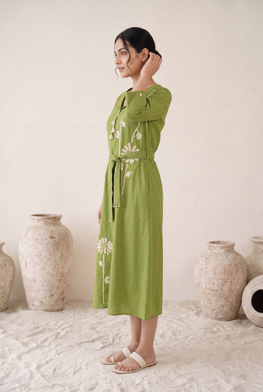 Olive Green Cotton Flex Floral Embroidered Dress