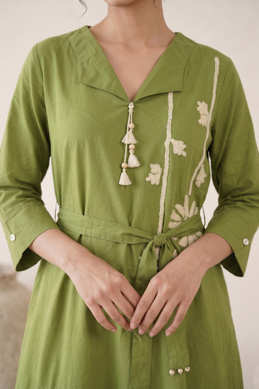 Olive Green Cotton Flex Floral Embroidered Dress