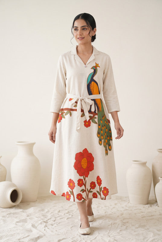 Ivory Off White Cotton Flex Peacock Print Dress