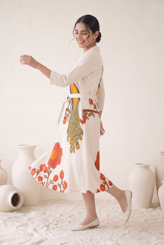 Ivory Off White Cotton Flex Peacock Print Dress