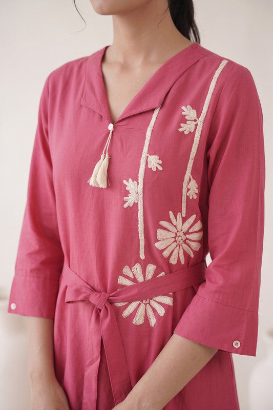 Rose Pink Cotton Flex Floral Embroidered Dress