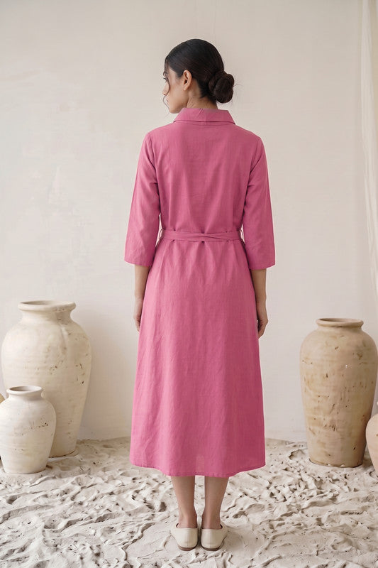 Rose Pink Cotton Flex Floral Embroidered A-Line Dress