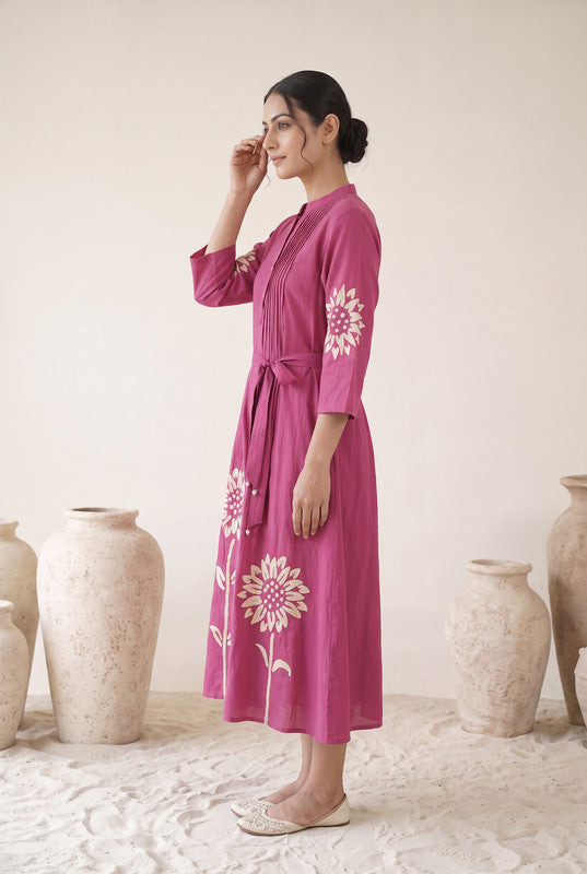 Berry Pink Cotton Floral Embroidered Fit & Flare Dress