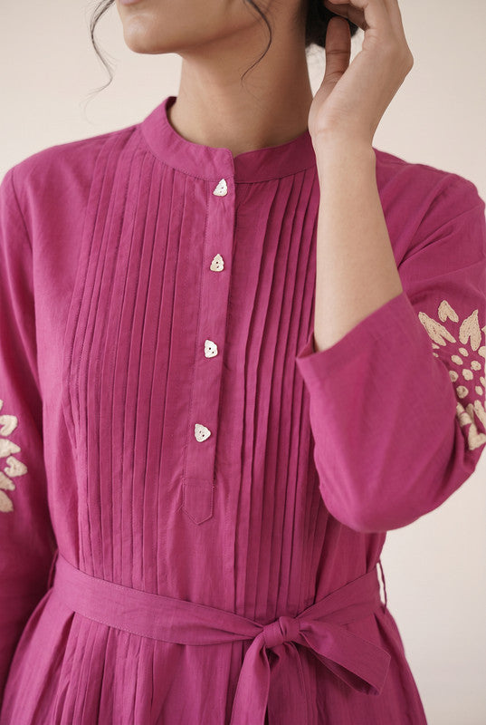 Berry Pink Cotton Floral Embroidered Fit & Flare Dress