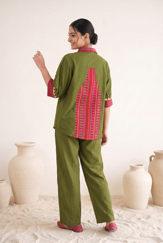 Solid Olive Green Cotton Flex Shirt Style Co-Ord Set