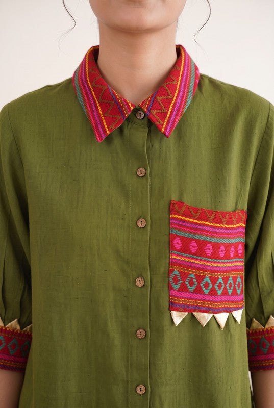 Solid Olive Green Cotton Flex Shirt Style Co-Ord Set