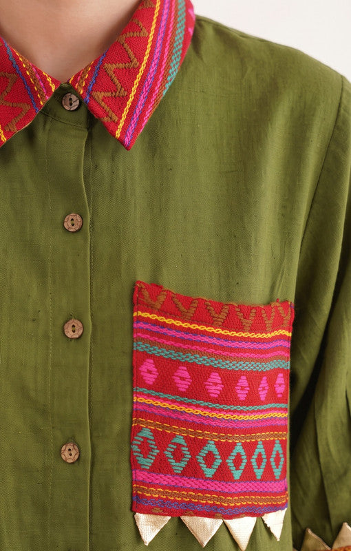 Solid Olive Green Cotton Flex Shirt Style Co-Ord Set