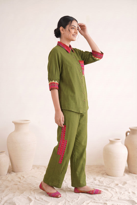 Solid Olive Green Cotton Flex Shirt Style Co-Ord Set