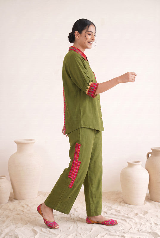 Solid Olive Green Cotton Flex Shirt Style Co-Ord Set