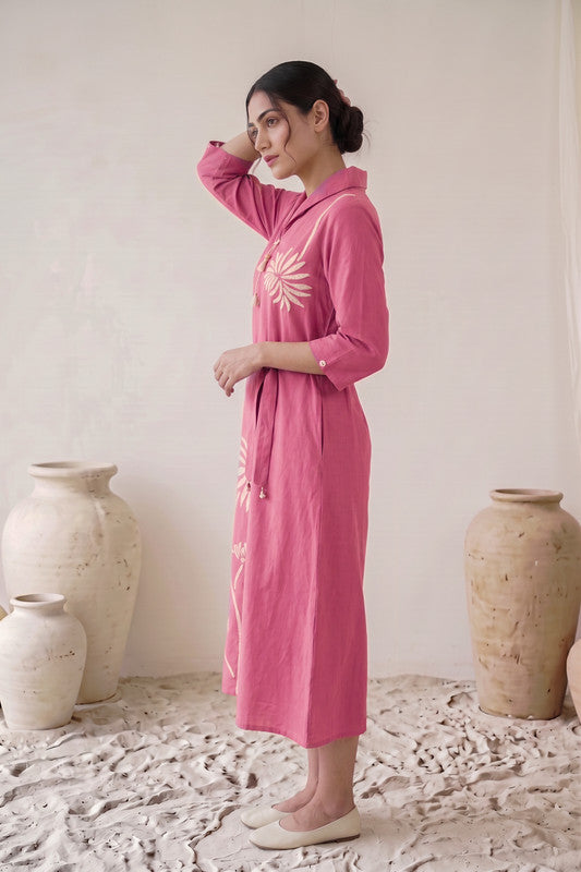 Rose Pink Cotton Flex Floral Embroidered A-Line Dress