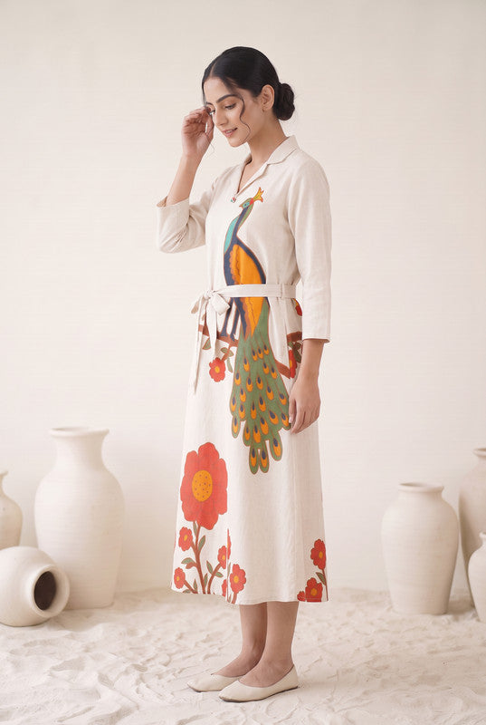Ivory Off White Cotton Flex Peacock Print Dress