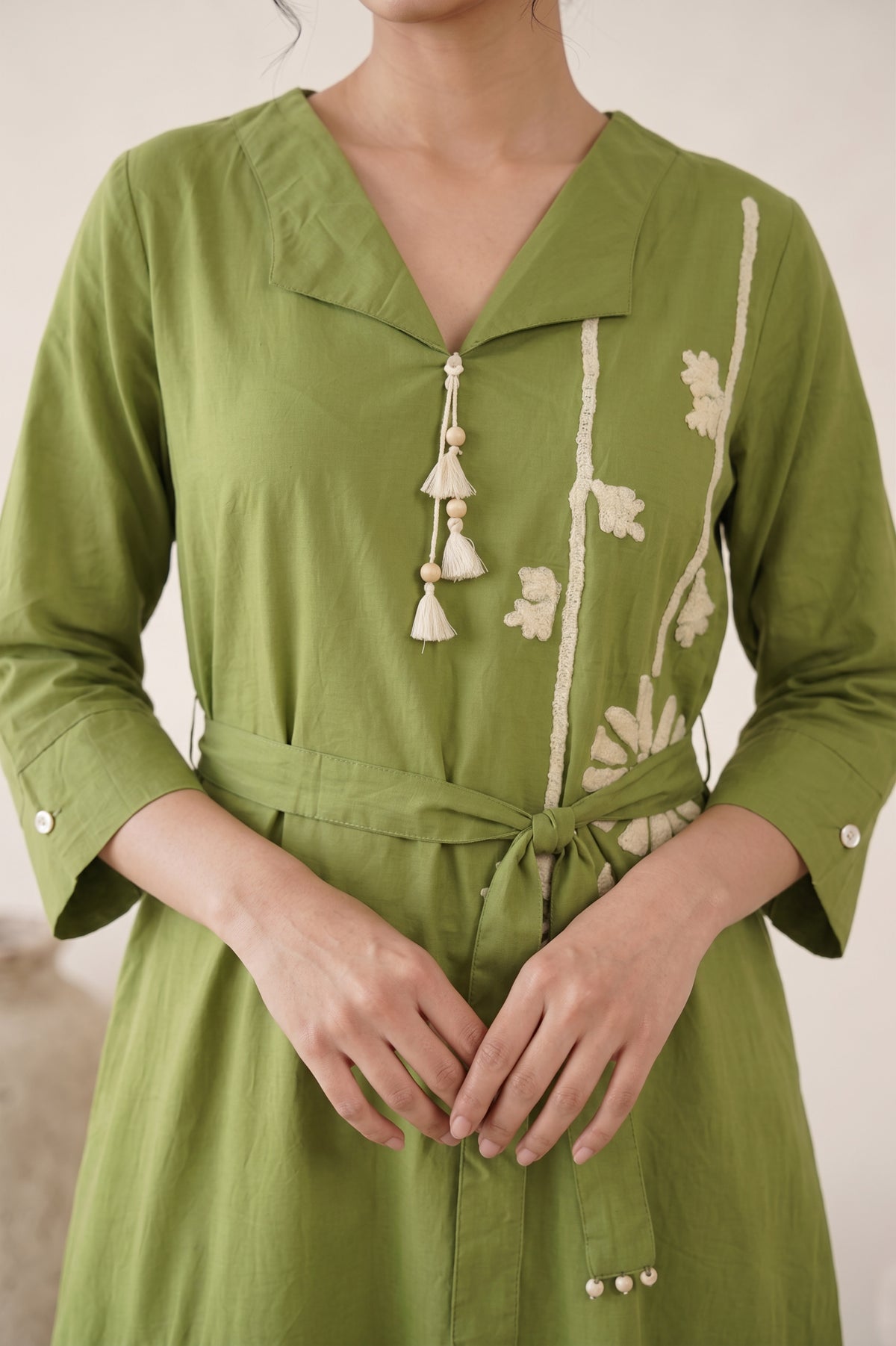 Olive Green Cotton Flex Floral Embroidered Dress