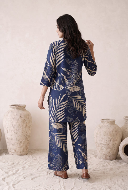 Navy Blue Floral Cotton Flex Co-Ord Set