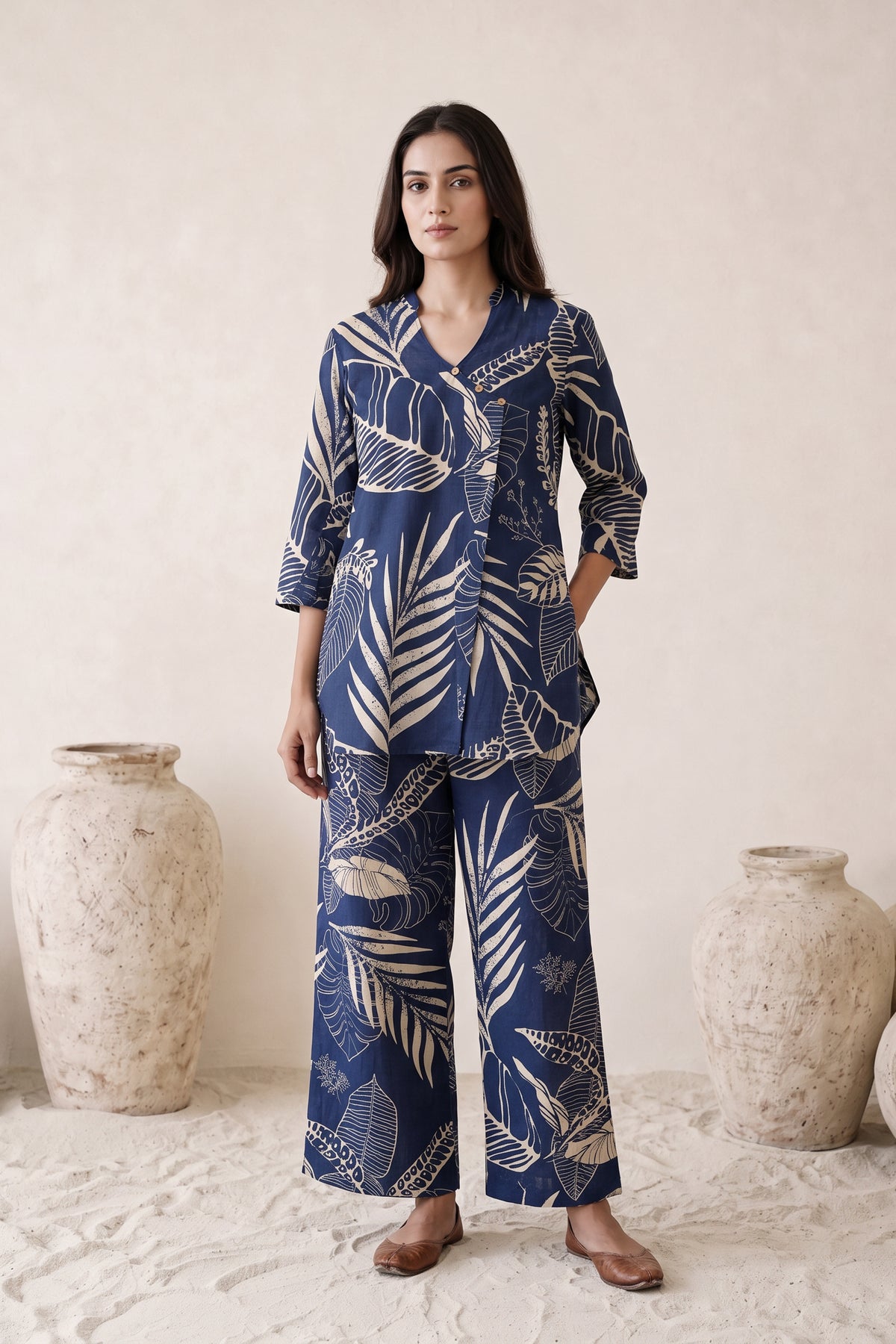 Navy Blue Floral Cotton Flex Co-ord Set