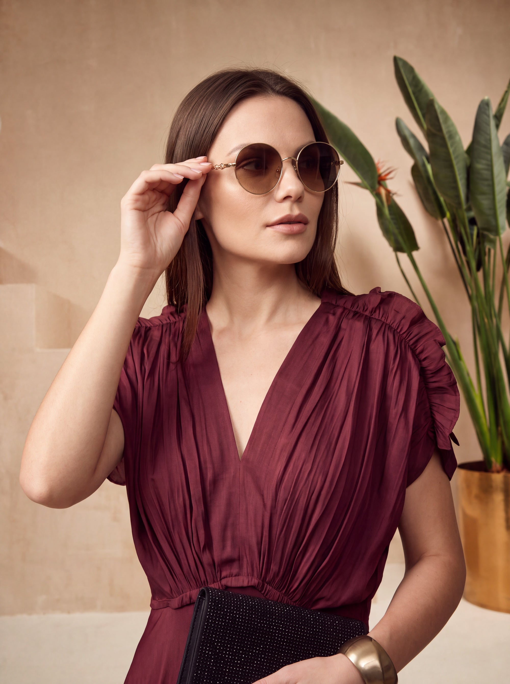 Maroon Solid Ruched Sleeve Russian Silk Midi Dress