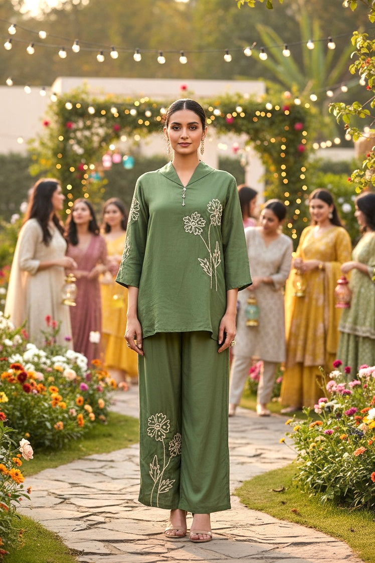 Olive Green Floral Embroidered Russian Silk Co-ord Set