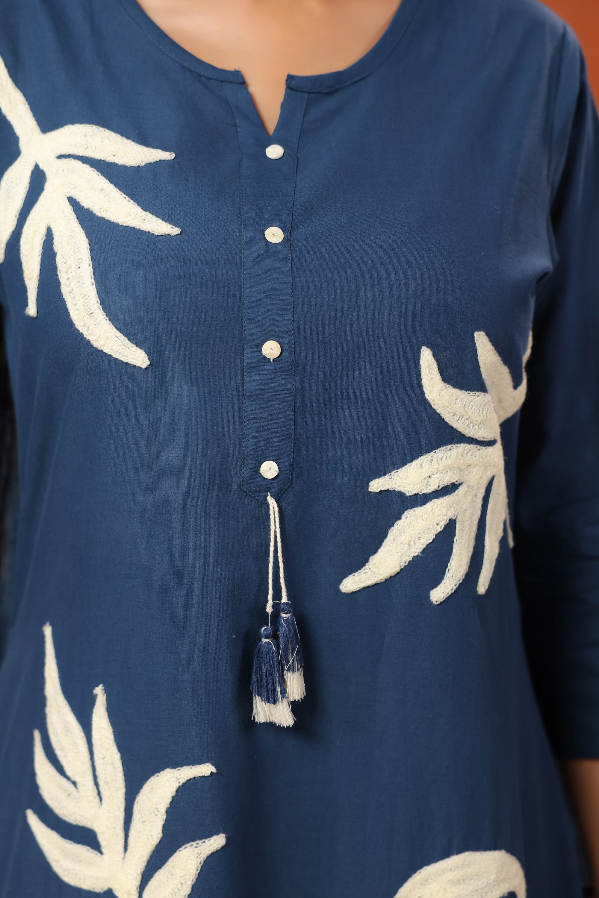Navy Blue Bird Nature-Inspired Cotton Straight Kurta Set with Crushed Dupatta