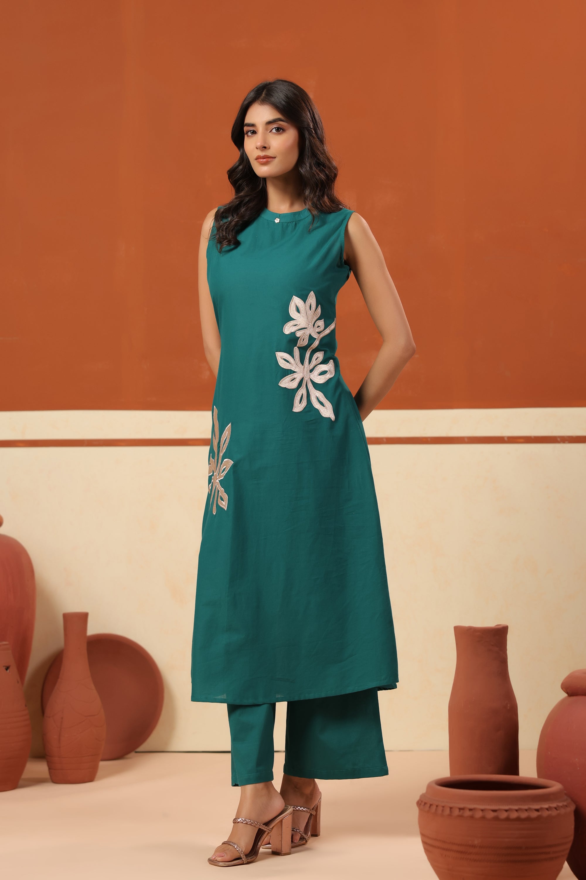 Green Floral Embroidered A-Line Top Palazzo Cotton Co-ord Set