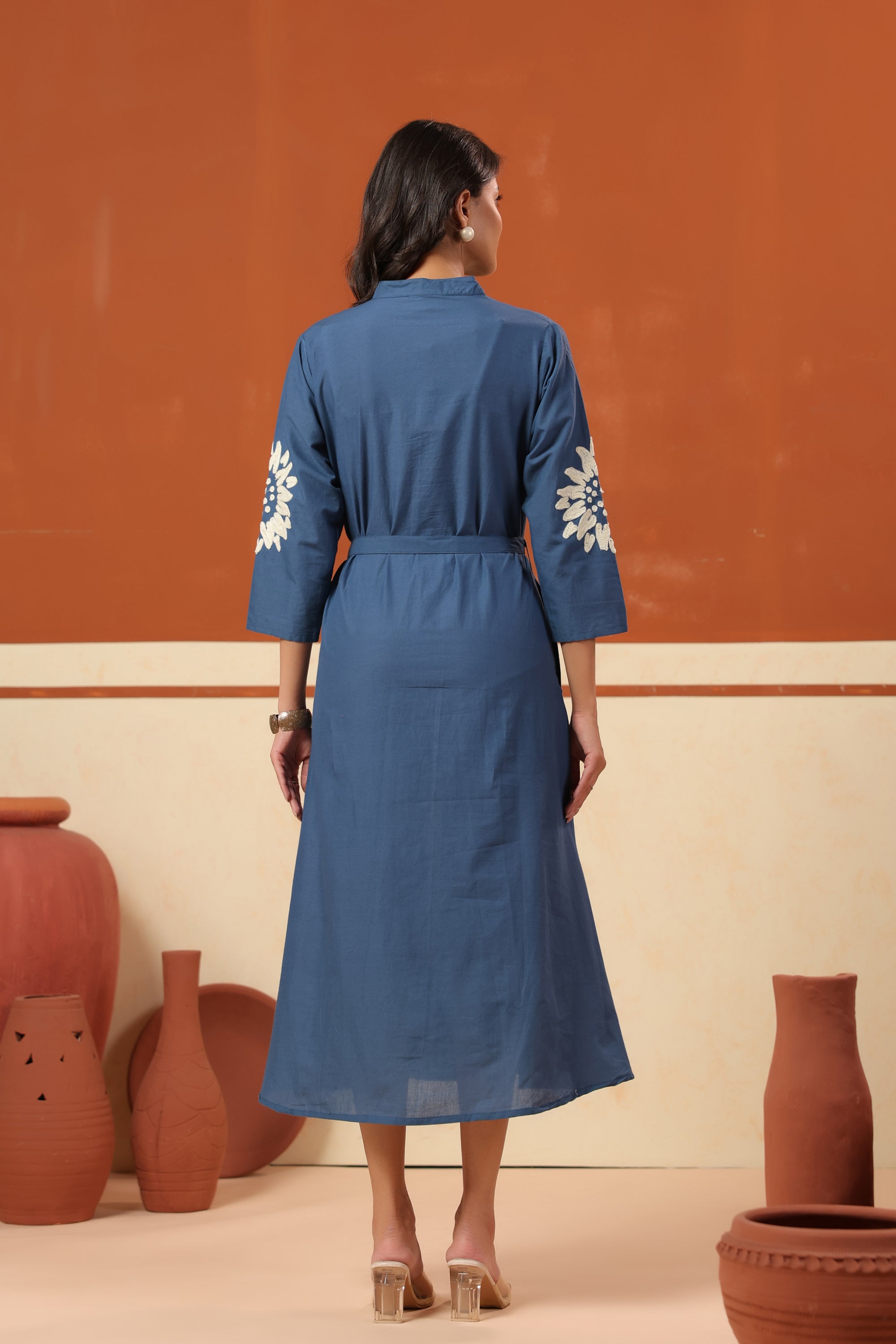 Blue Floral Motif Embroidered Cotton Belted Fit & Flare Midi Dress