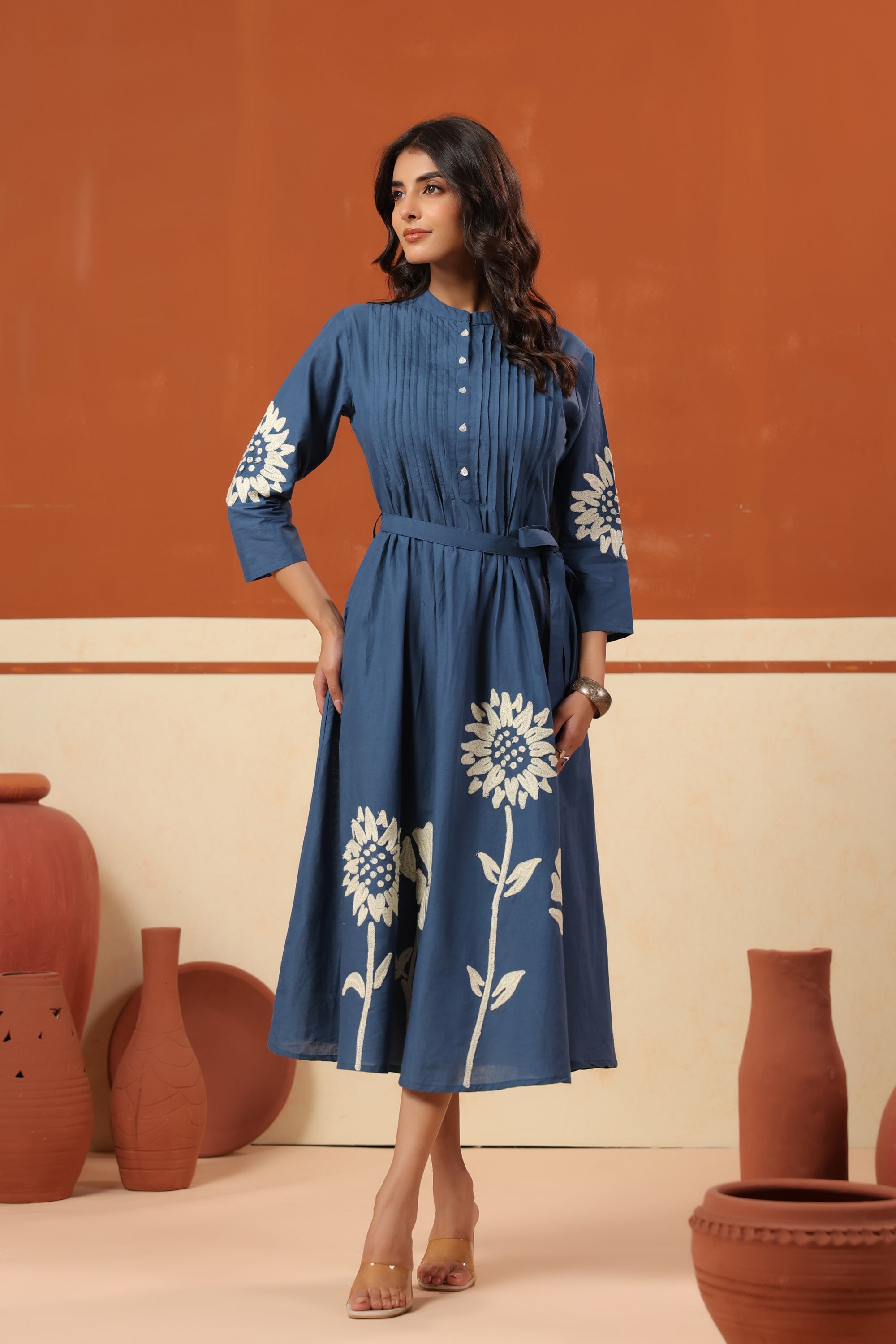 Blue Floral Motif Embroidered Cotton Belted Fit & Flare Midi Dress