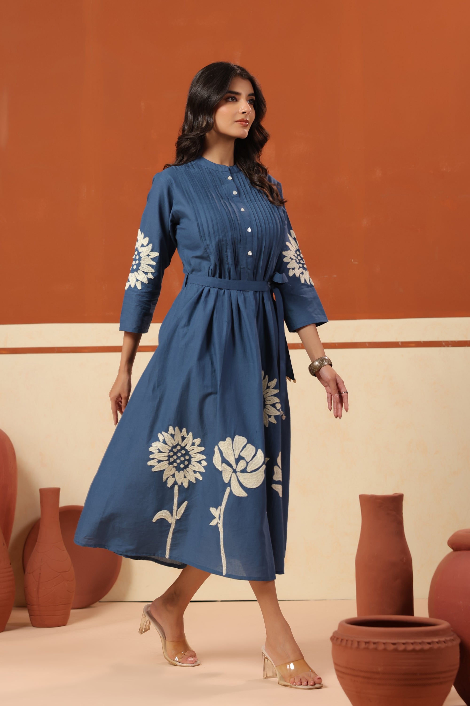 Blue Floral Motif Embroidered Cotton Belted Fit & Flare Midi Dress