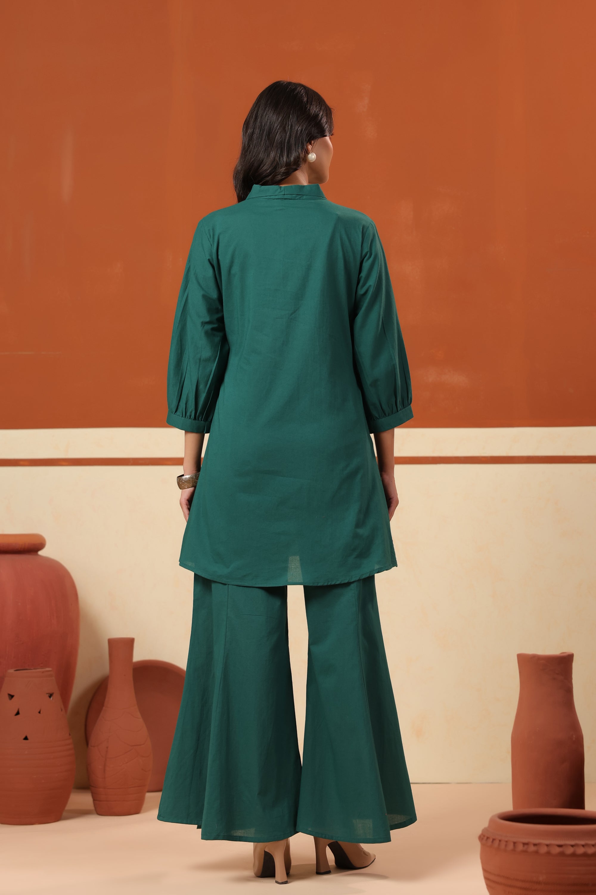 Green Abstract Bird Embroidered Cotton Top Palazzo Co-ord Set