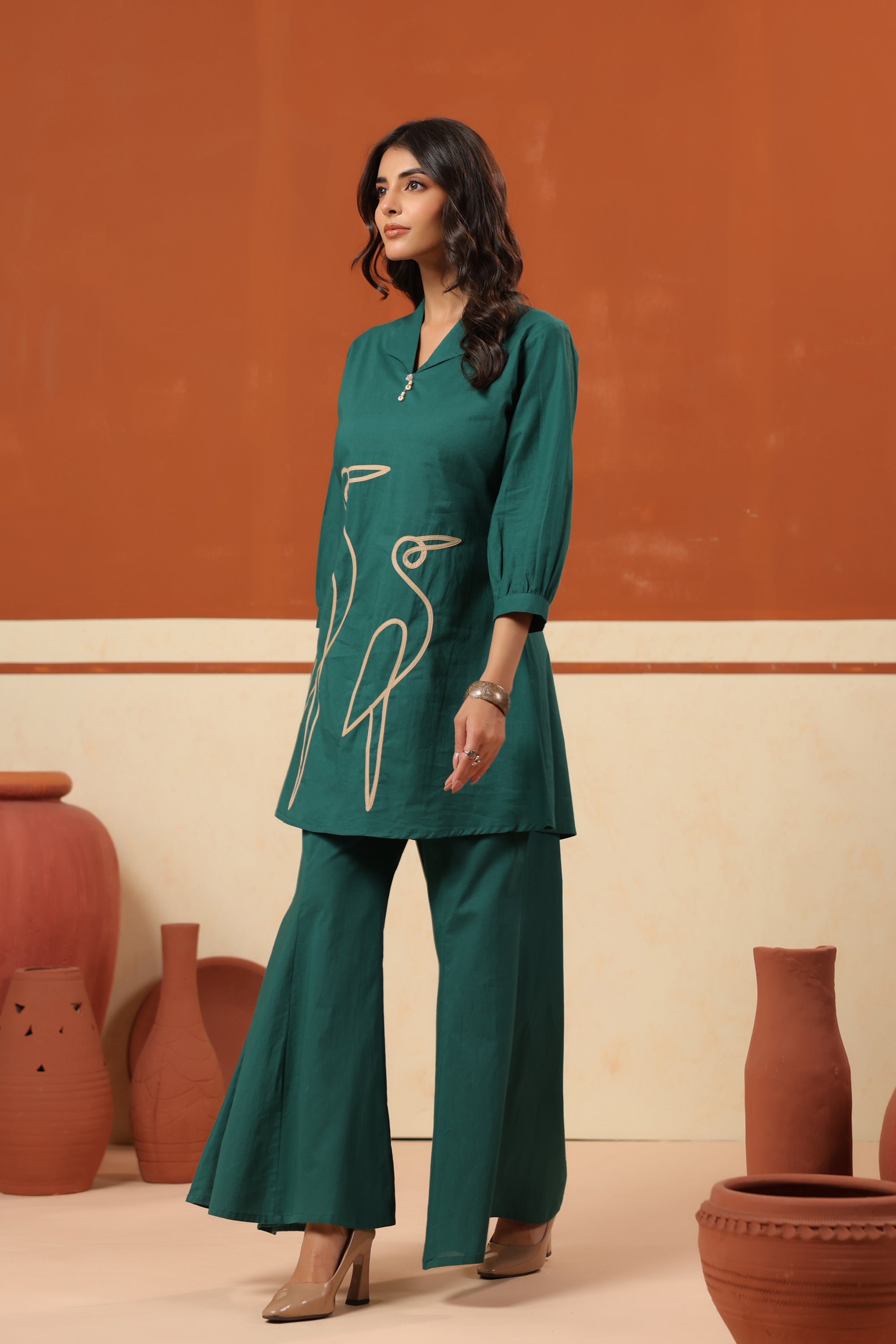 Green Abstract Bird Embroidered Cotton Top Palazzo Co-ord Set