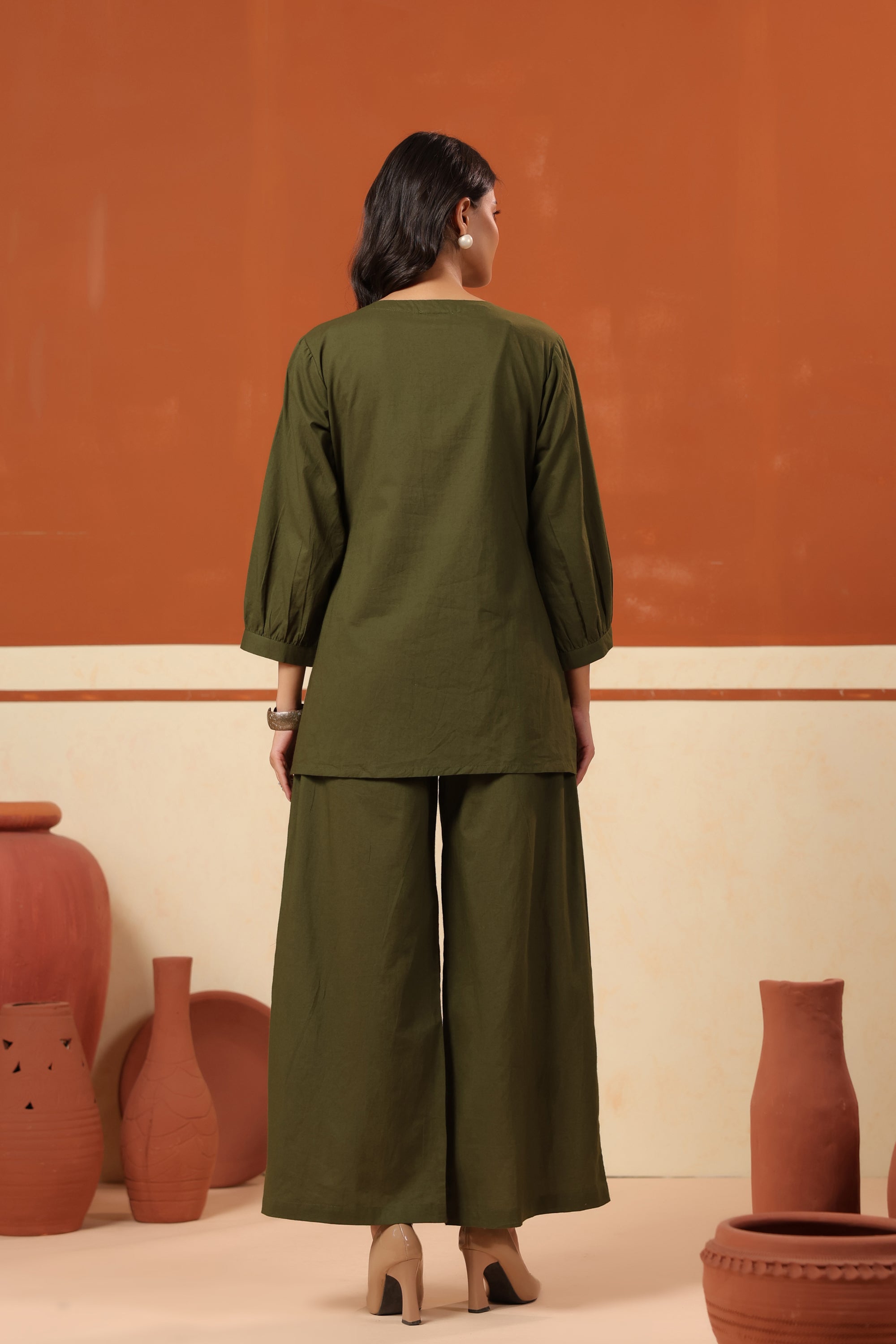 Green Floral Placement Embroidered Cotton Top Palazzo Co-ord Set