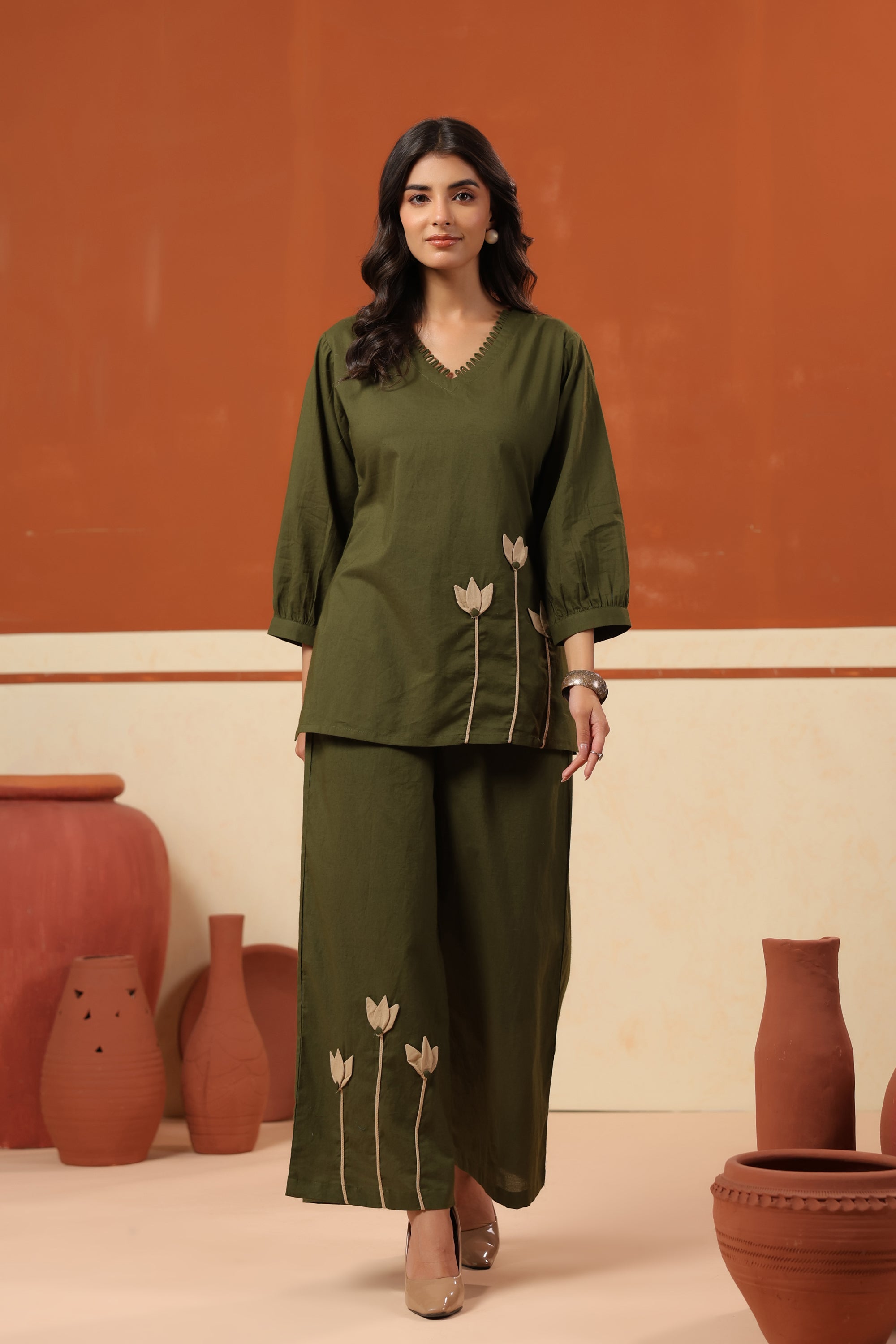 Green Floral Placement Embroidered Cotton Top Palazzo Co-ord Set