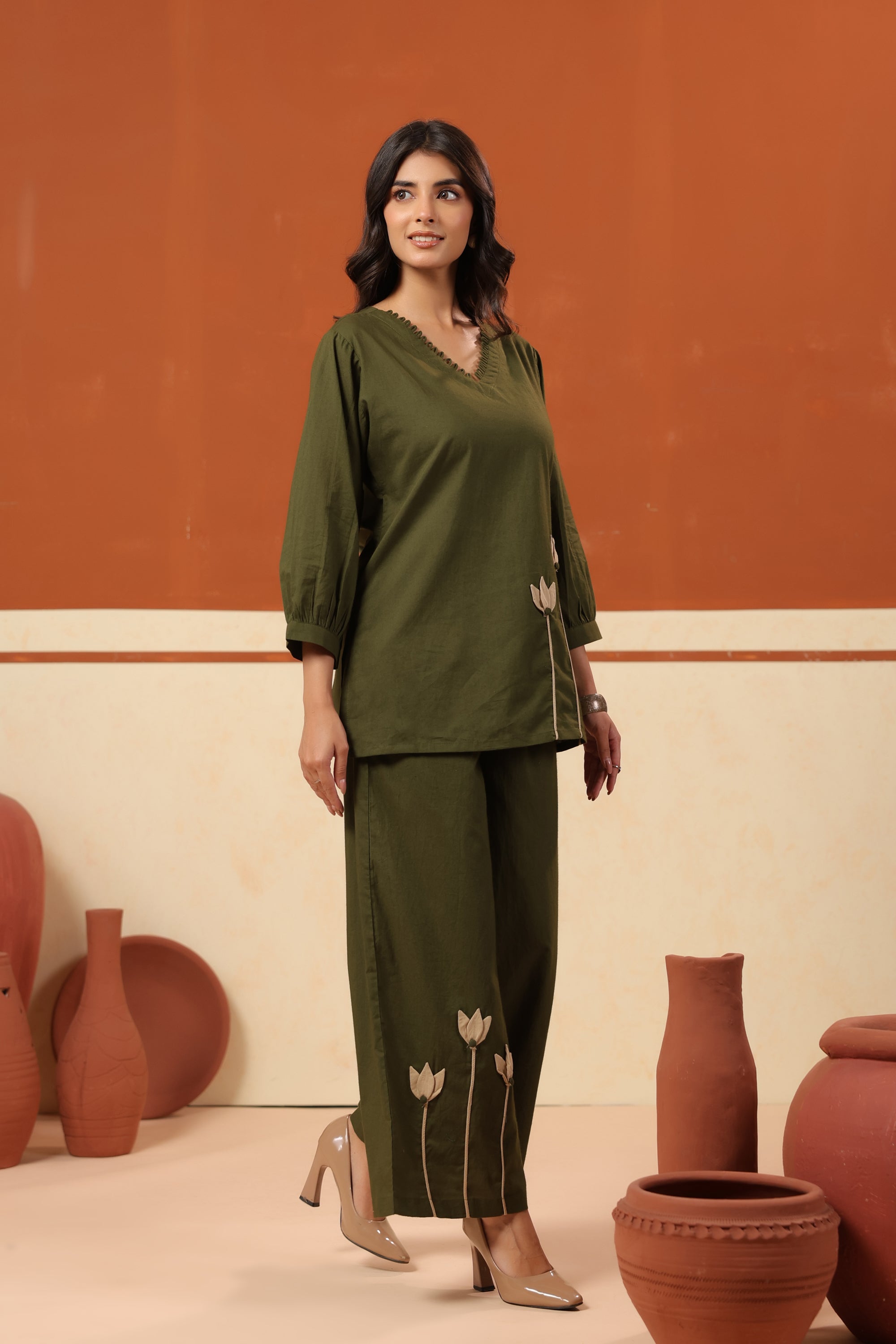 Green Floral Placement Embroidered Cotton Top Palazzo Co-ord Set