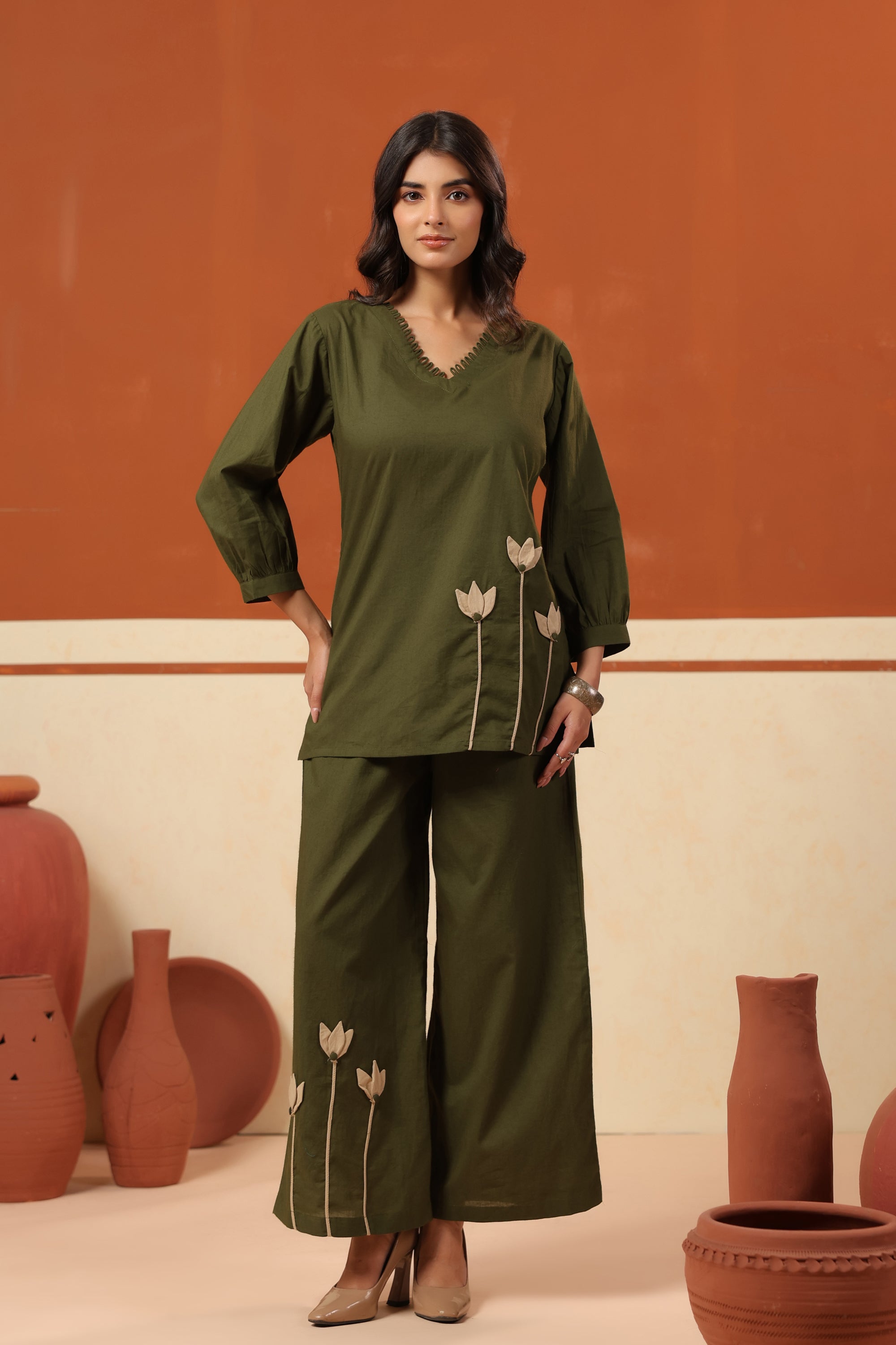 Green Floral Placement Embroidered Cotton Top Palazzo Co-ord Set