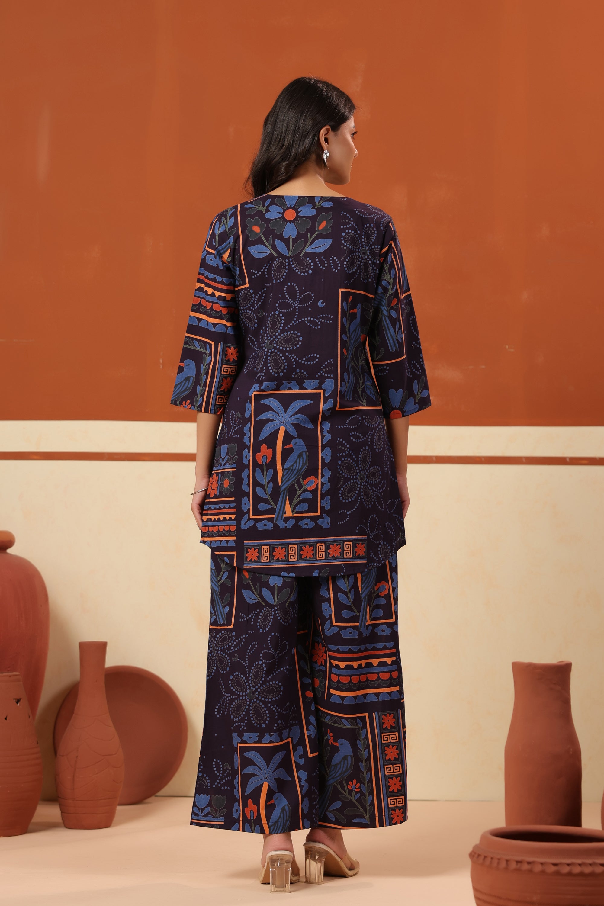 Midnight Blue Bird Story Printed Cotton Top Pant Co-ord Set