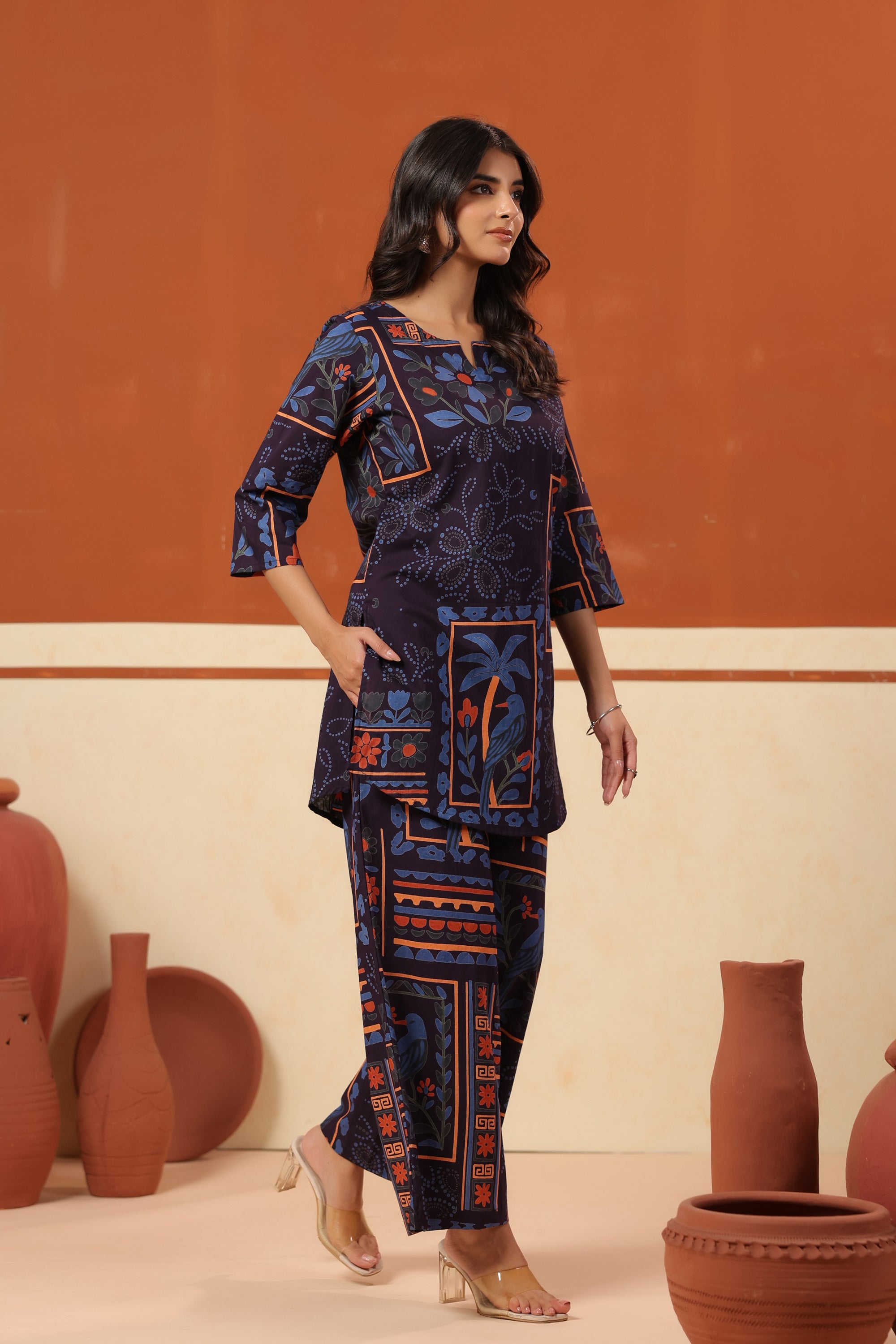 Midnight Blue Bird Story Printed Cotton Top Pant Co-ord Set