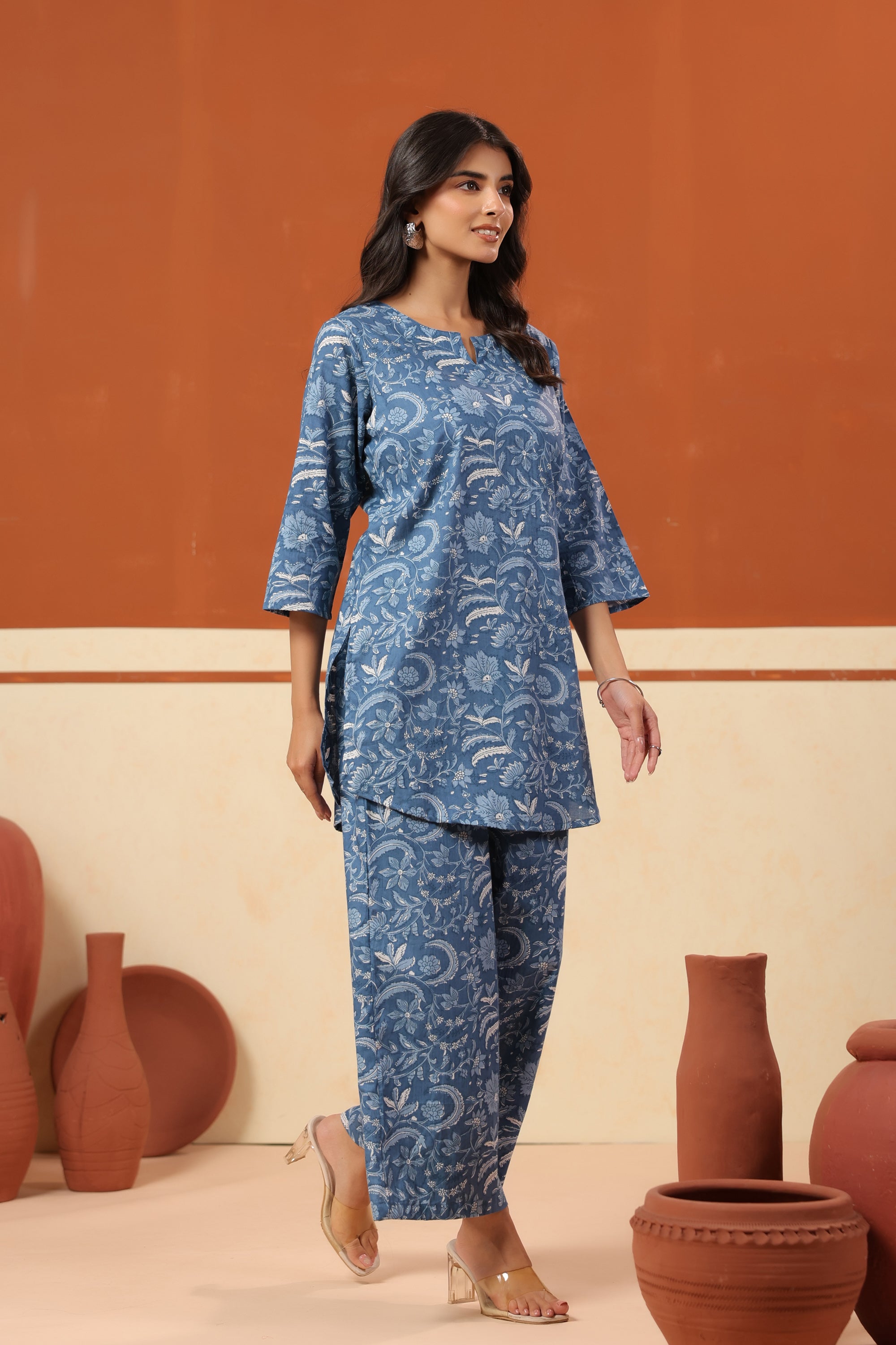 Blue Floral Jaal Printed Straight Cotton Co-ord Set