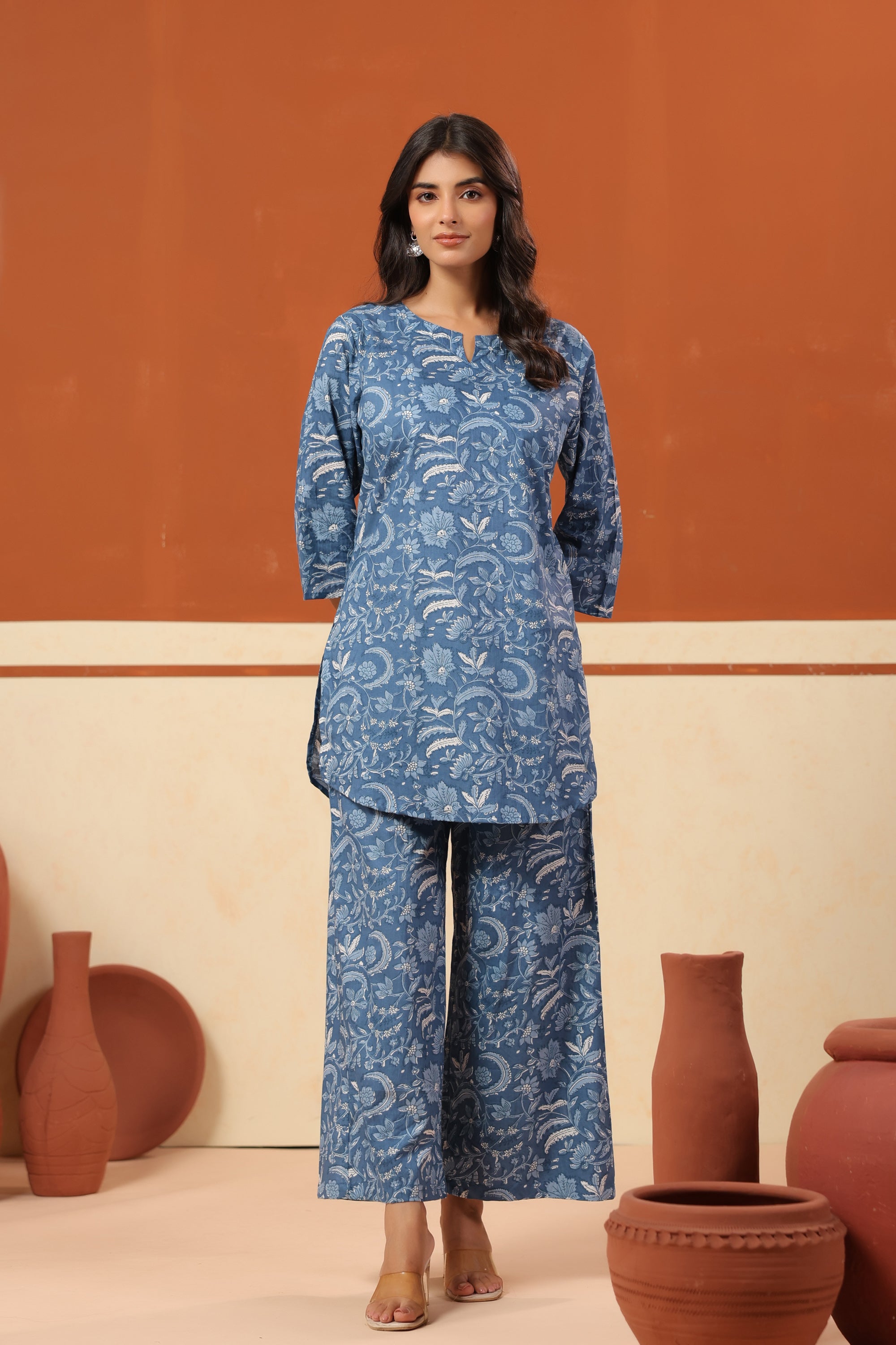 Blue Floral Jaal Printed Straight Cotton Co-ord Set