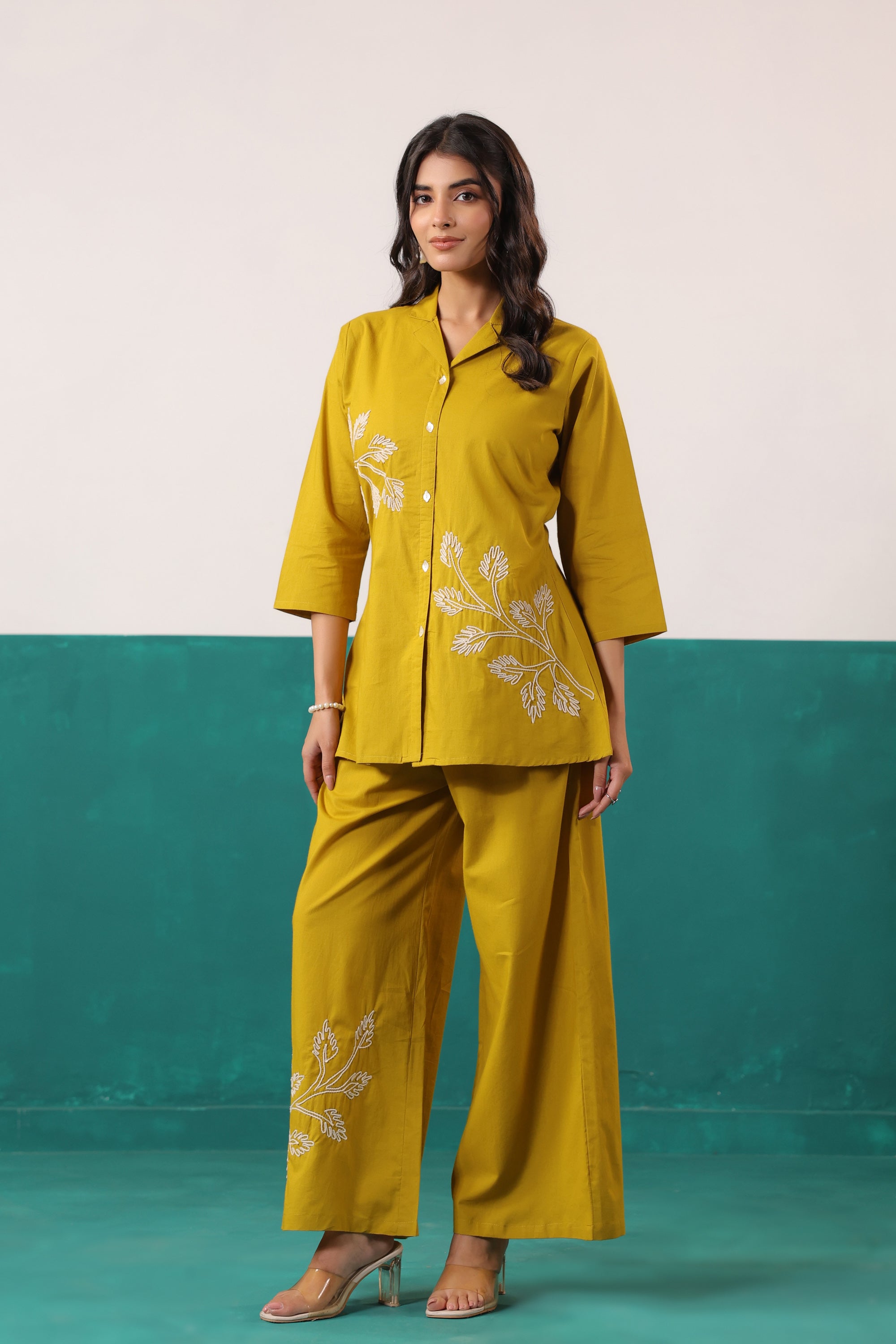 Mustard Ochre Leaf Motif Embroidered Top Palazzo Cotton Co-ord Set