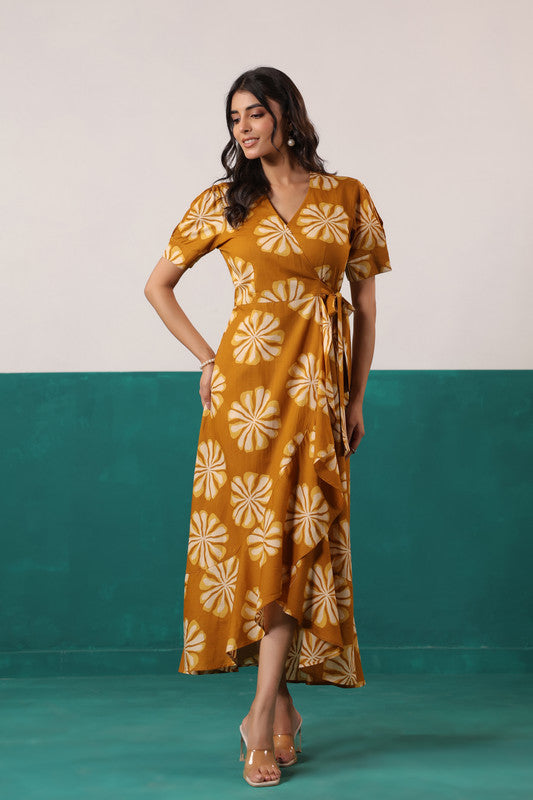 Mustard Sunflower Bloom Printed Cotton Tie-Up Wrap Dress