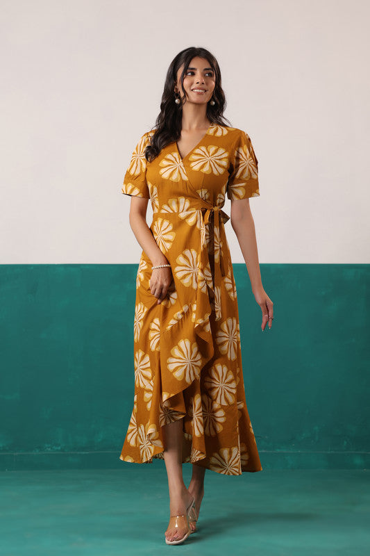 Mustard Sunflower Bloom Printed Cotton Tie-Up Wrap Dress