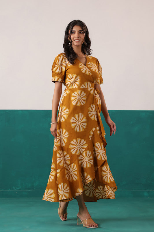 Mustard Sunflower Bloom Printed Cotton Tie-Up Wrap Dress