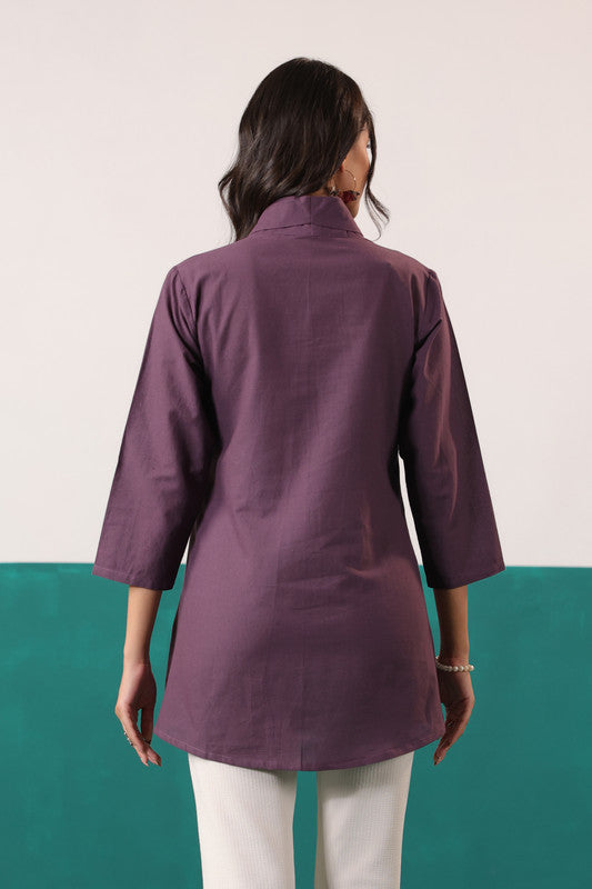 Plum Purple Floral Embroidered Button-Down Cotton Flex Shirt Top