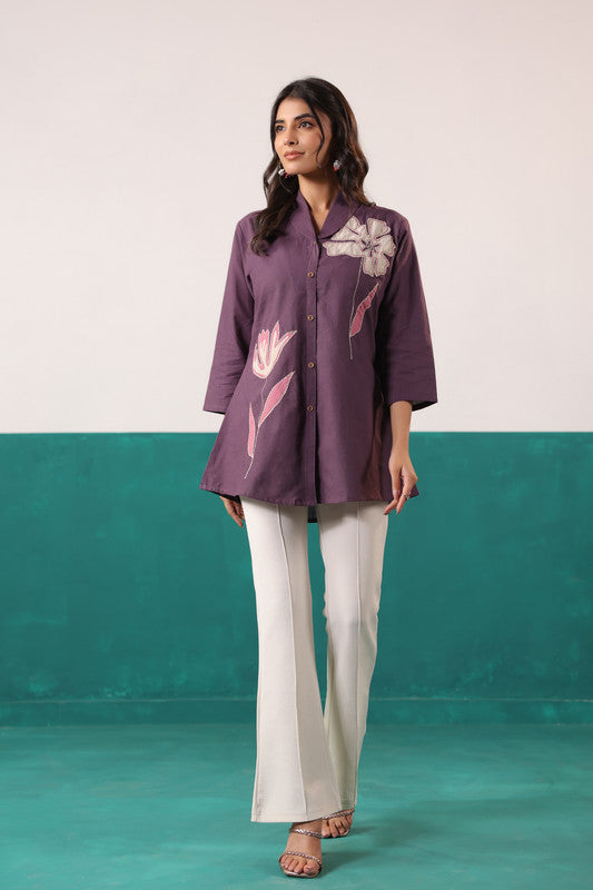Plum Purple Floral Embroidered Button-Down Cotton Flex Shirt Top