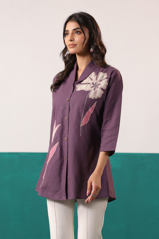 Plum Purple Floral Embroidered Button-Down Cotton Flex Shirt Top