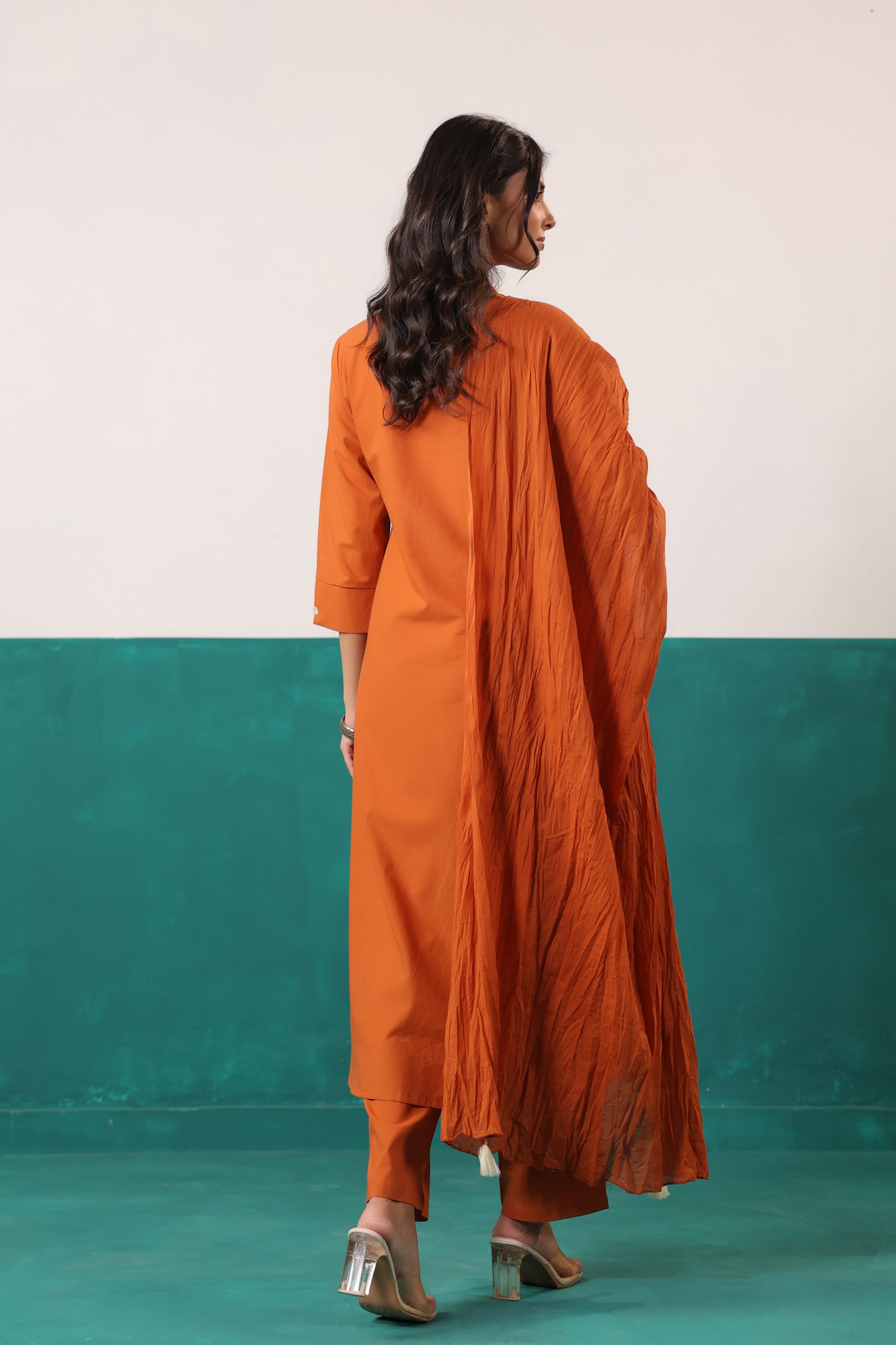 Rust Thread Work Embroidered Cotton Ethnic Kurta Set with Crushed Dupatta