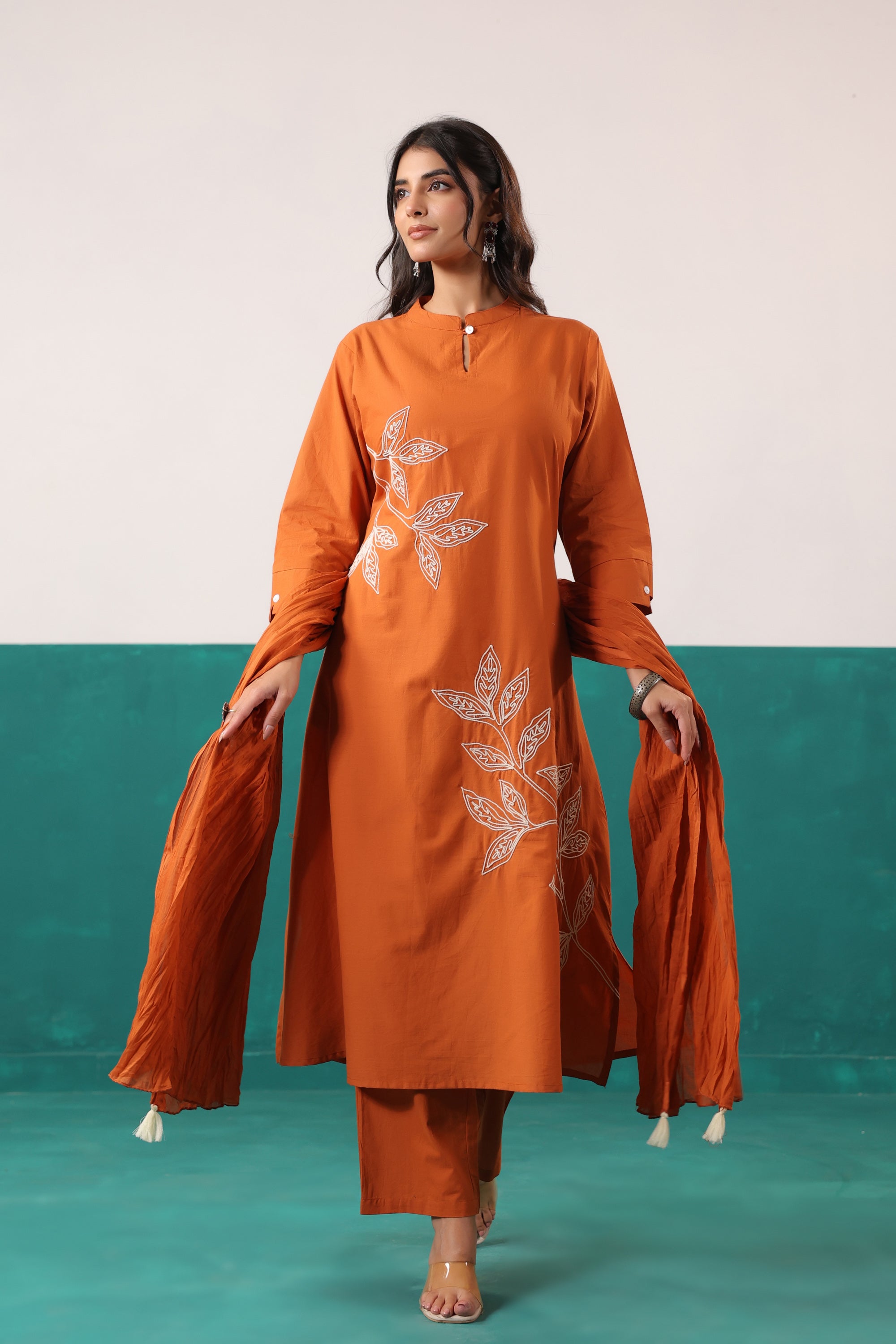 Rust Thread Work Embroidered Cotton Ethnic Kurta Set with Crushed Dupatta