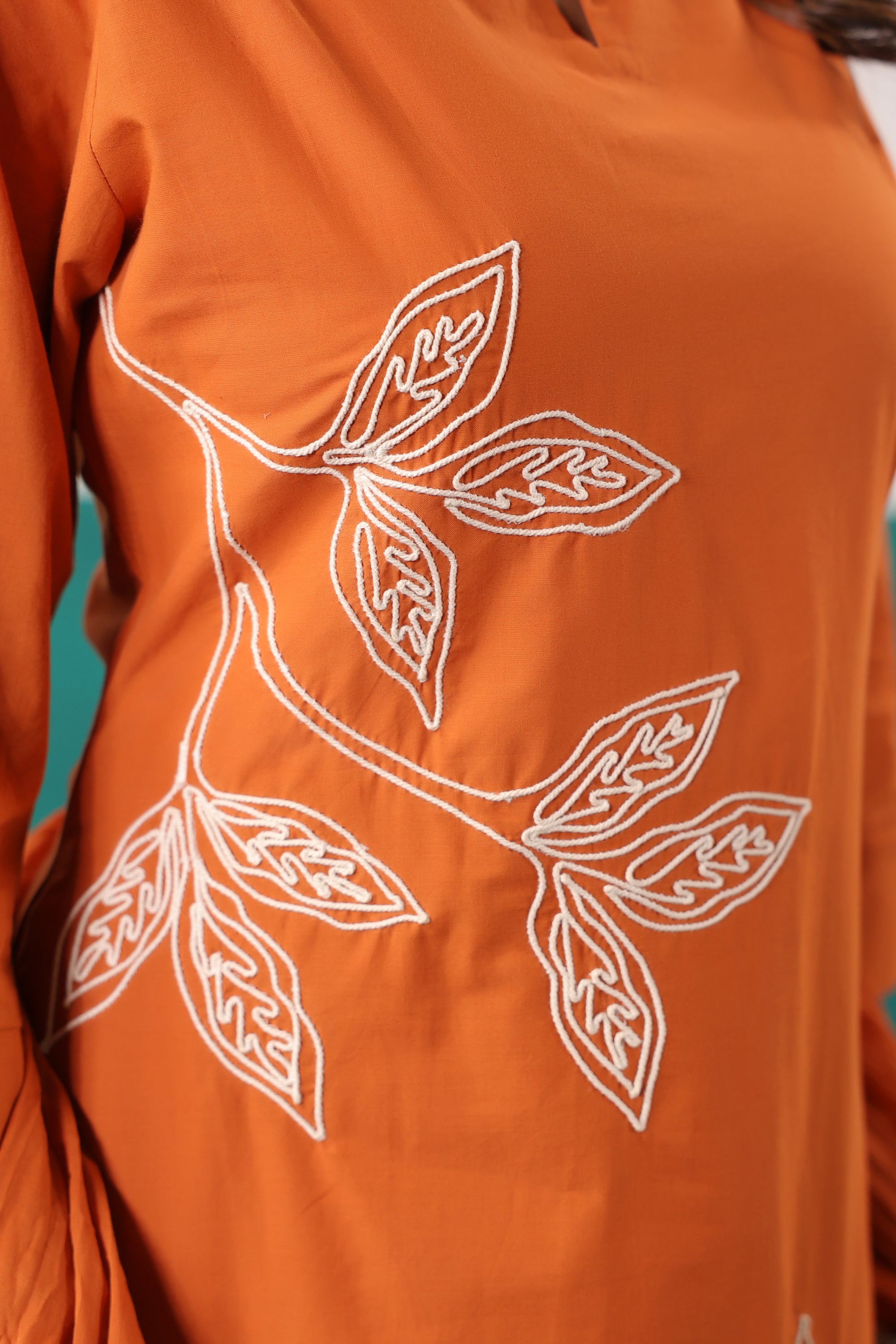 Rust Thread Work Embroidered Cotton Ethnic Kurta Set with Crushed Dupatta