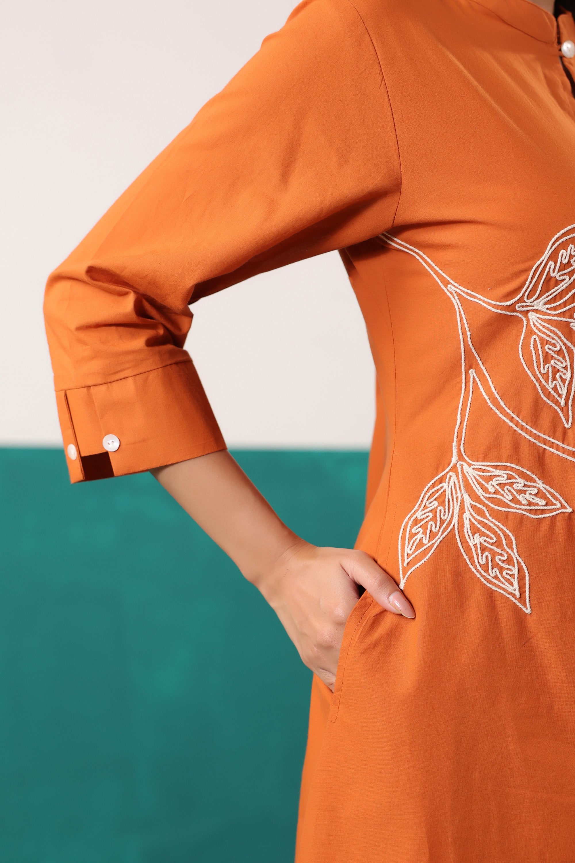 Rust Thread Work Embroidered Cotton Ethnic Kurta Set with Crushed Dupatta