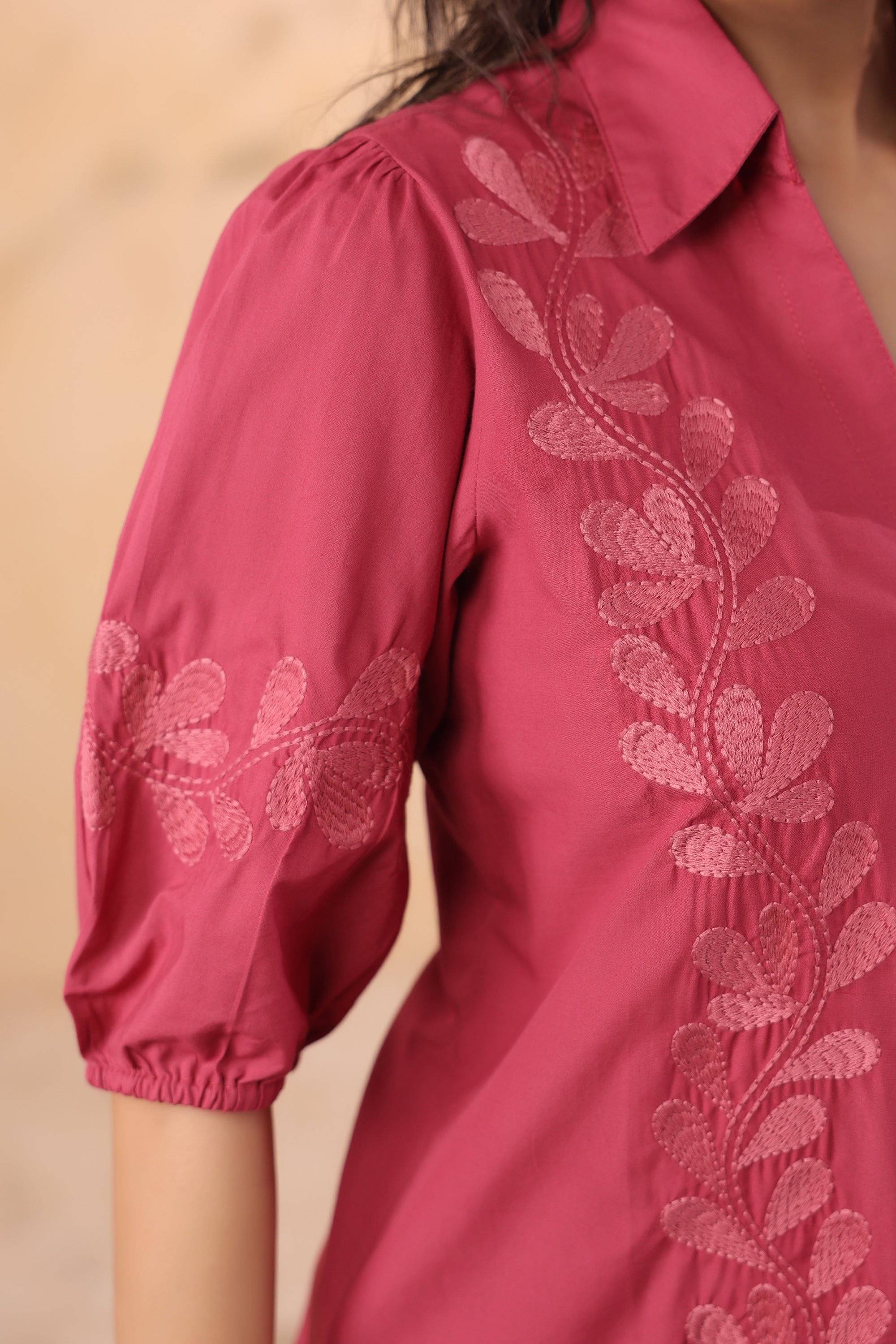 Pink Leaf Embroidered Designer Cotton Co-ord Set with Puff Sleeves